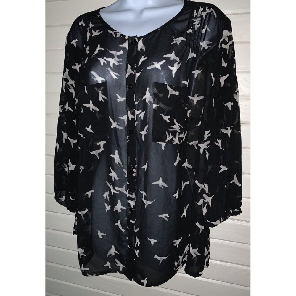 Sejour Blouse Sz 14W Plus Black Ivory Birds Pintucked Button Front Sheer VGUC - Picture 2 of 10